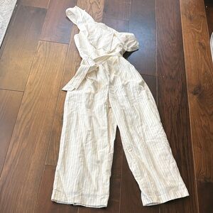 Club Monaco Cream Striped One-Shoulder Jumpsuit